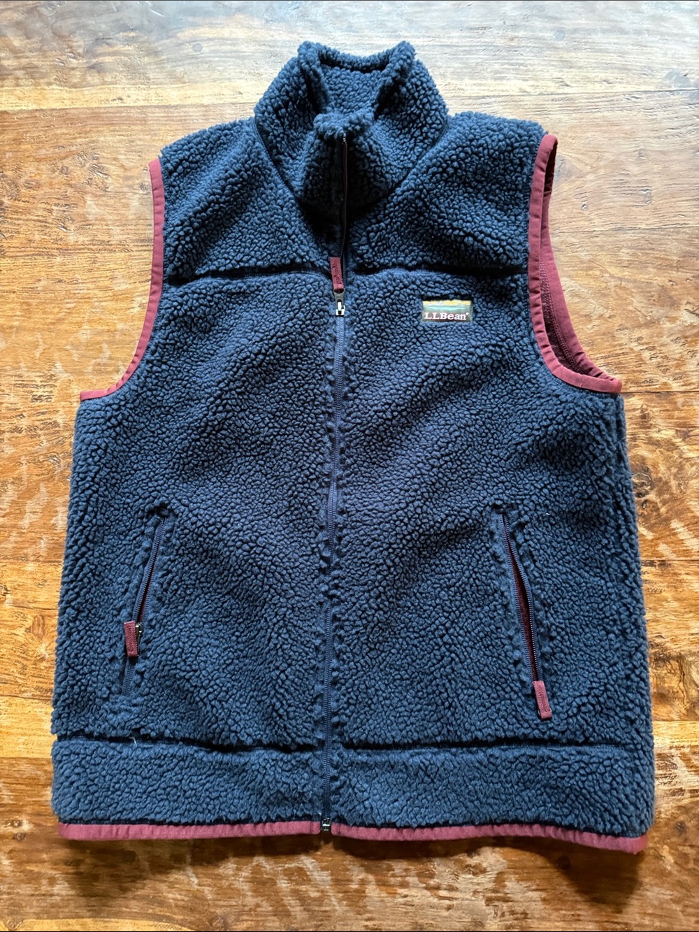 L.L. Bean Navy Sherpa Vest with Burgundy Trim - Men’s M ID 502429